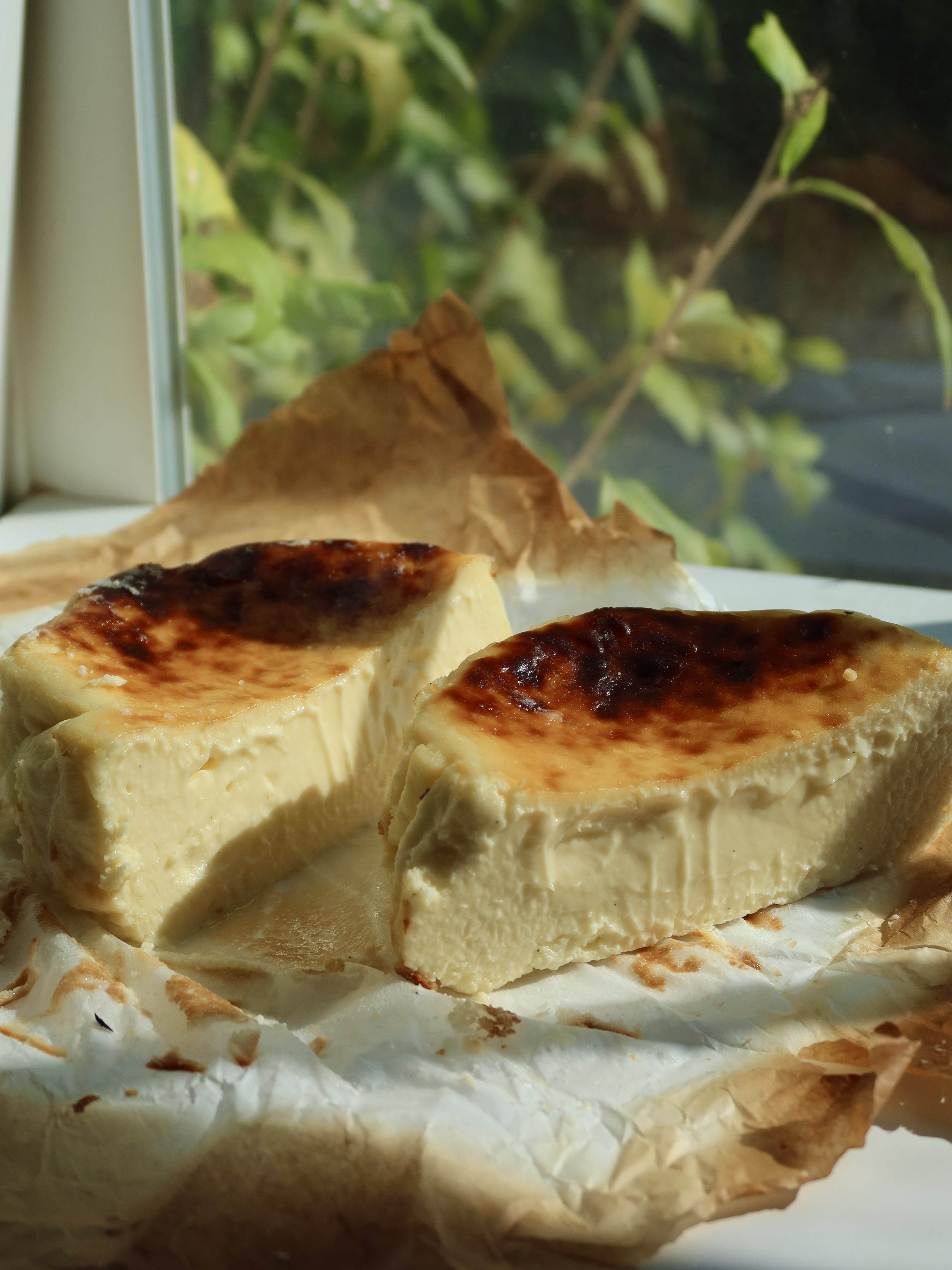 Two slices of burnt basque cheesecake on parchment paper, with a caramelized top and smooth, creamy texture, placed by a window with greenery in the background.